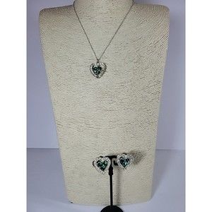 Sarah Coventry Silvertone Green Rhinestone Colleen HEART Clip Earrings Necklace